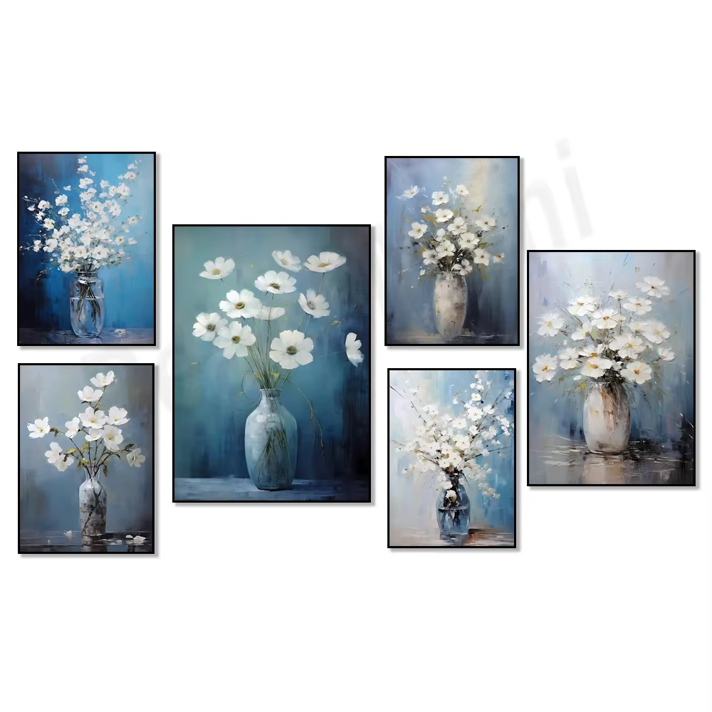 Art floral, bouquet de fleurs blanches dans un vase sur fond bleu élégant
