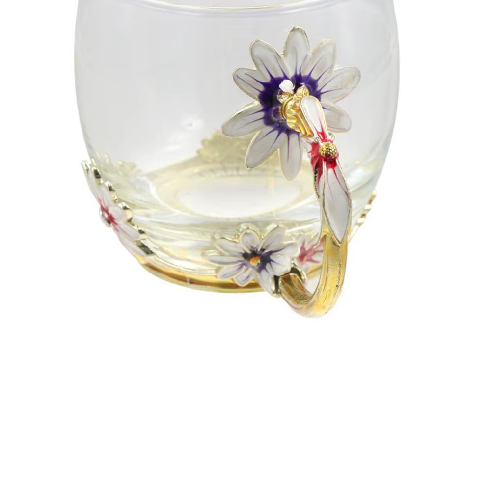 Tasses à café en verre Vintage, fleur en émail, poignée décorative, ensemble d'assiettes de tasse à thé, élégant, fait à la main, tasse à thé en verre Transparent, anniversaire