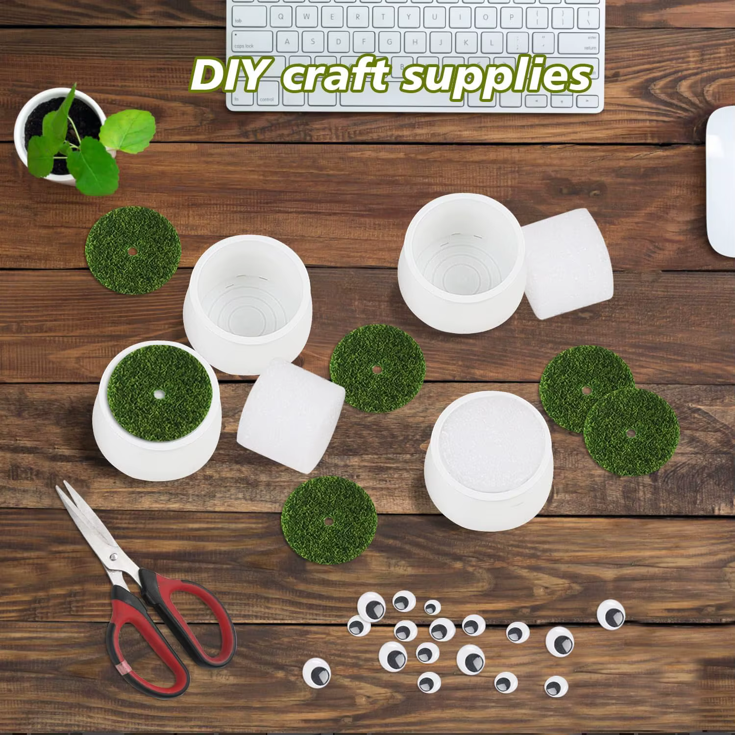 Lot de 12 petits pots blancs de 2 pouces en plastique avec mousse et gazon artificiel pour fleurs au crochet