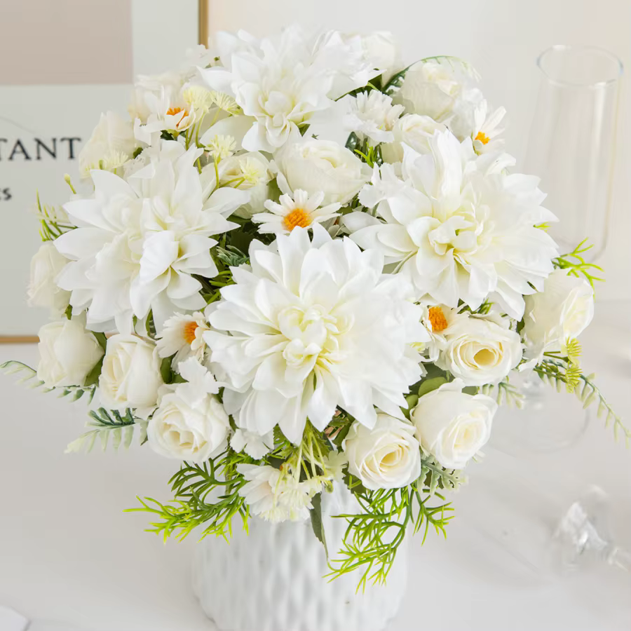 Artificielle Rose Fleurs De Mariage Maison Chambre Cour Décor Bouquet De Mariée Jardin Faux Soie Dahlia Hortensias Vase Pour Planche À L'extérieur