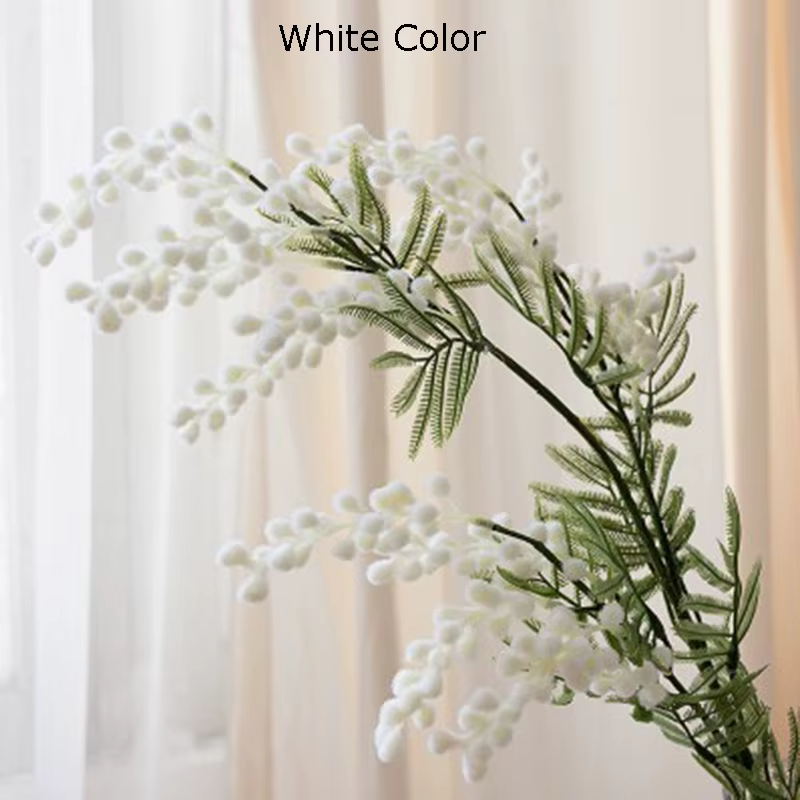 86cm 3 fourchettes Acacia artificielle jaune Mimosa peluche Pudica Spray cerise fausse fleur de soie décor de fête de mariage plante de haricot rouge