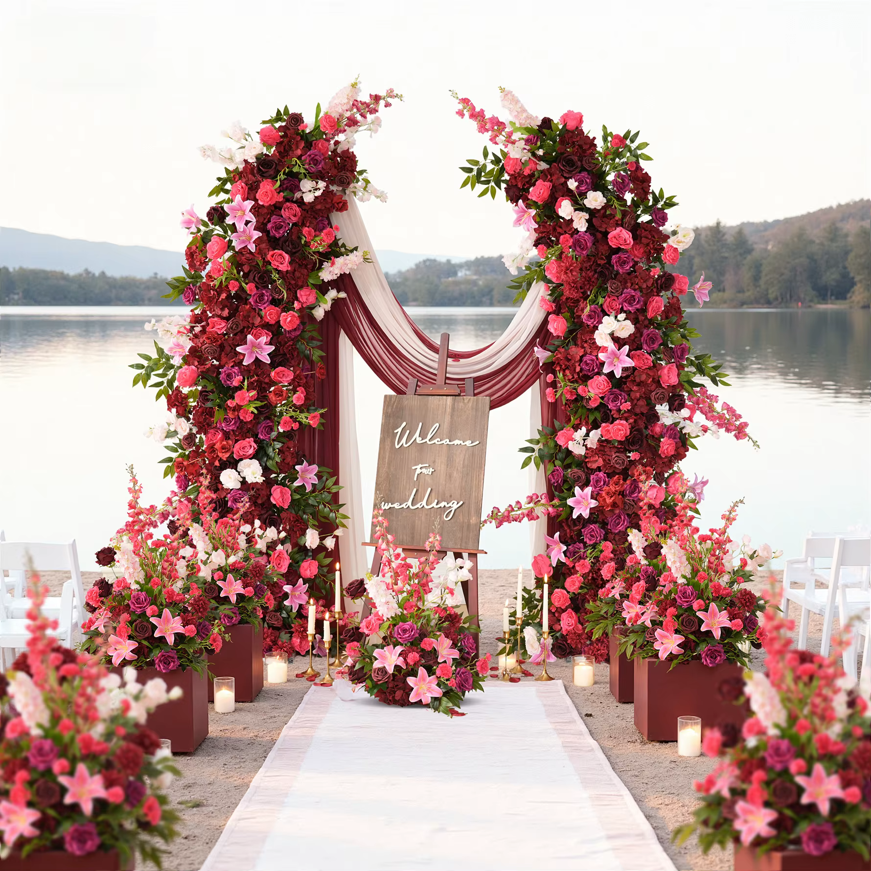 HMEOT H9047 Hydrangeas bordeaux Rose feuille verte Arrangement Floral corne arc décoration idées pour mariage passerelle allée boules de fleurs