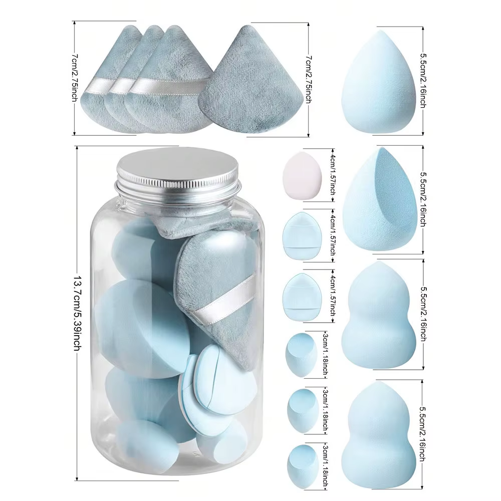 Ensemble d'éponges cosmétiques de style mini pot de miel, 4 grands mélangeurs de beauté, 4 bouffées de poudre en forme d'éventail, 4 mini mélangeurs de beauté, 15 pièces