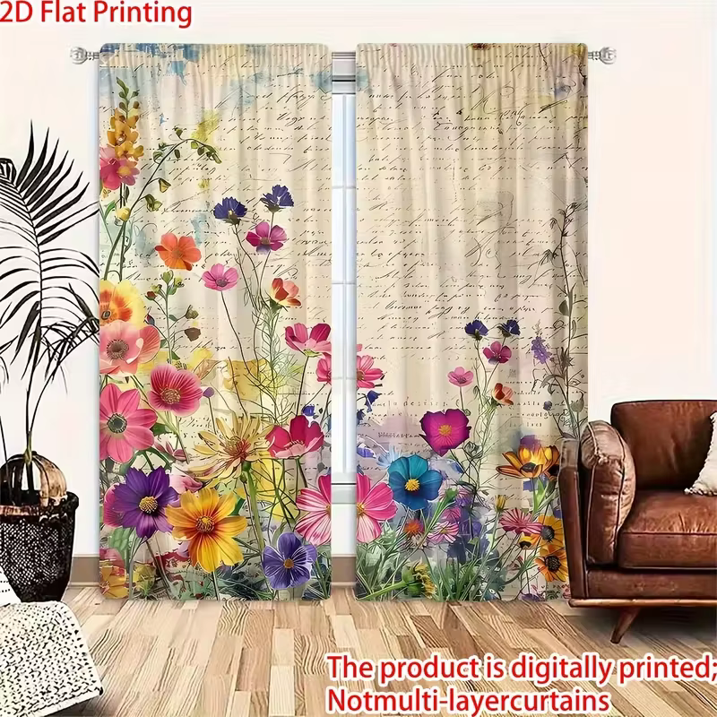 Rideaux transparents vintage à motifs floraux - Impression aquarelle nostalgique pour la décoration du salon et de la chambre à coucher