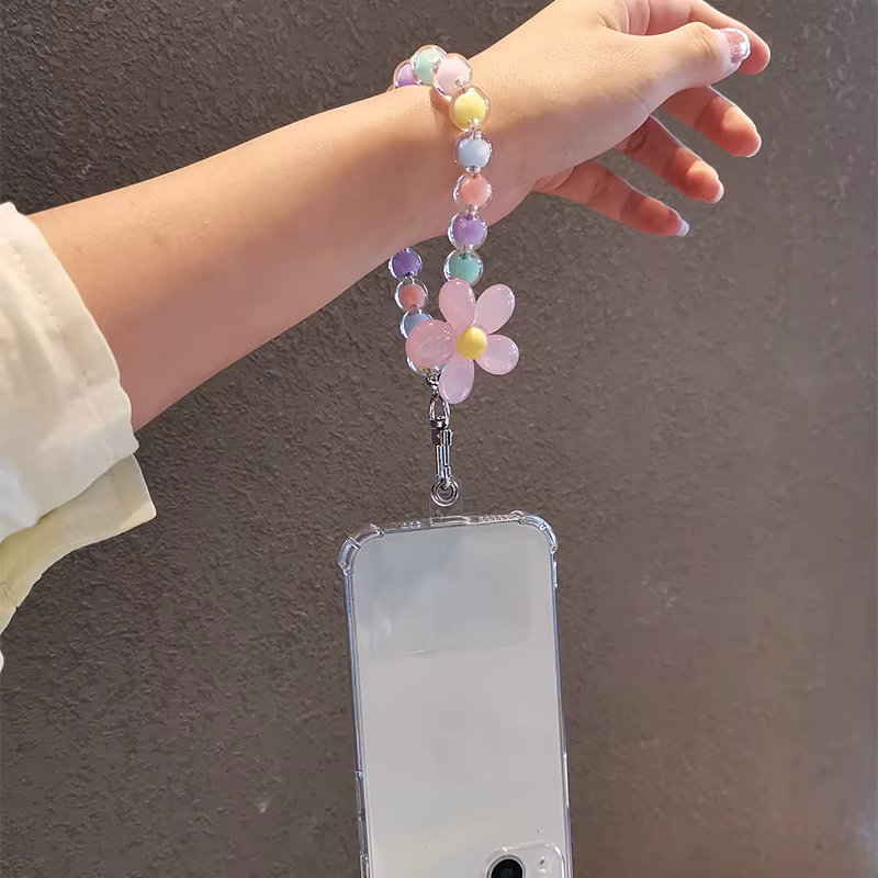 Porte-clés à fleurs colorées, chaîne perlée, accessoires pour téléphone, pendentif Anti-perte, lanière à main, pendentif de poignet