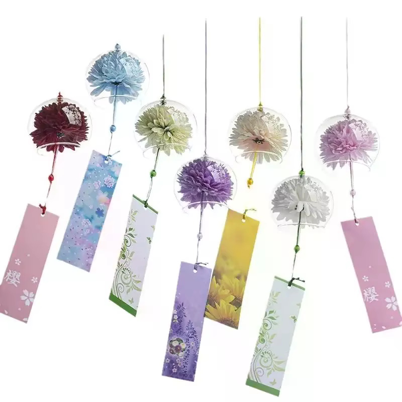 Carillon à vent en verre de style japonais avec fleurs artificielles