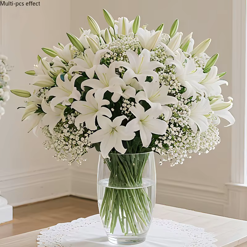 Bouquet de 25 lys artificiels avec gypsophile
