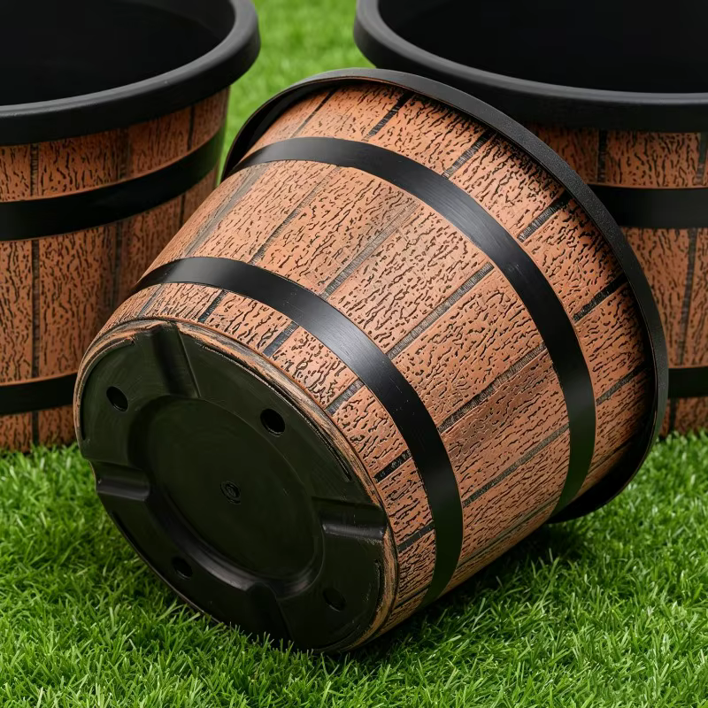 Pot de fleurs en plastique imitation baril en bois rétro