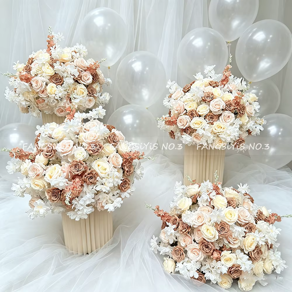 Boule de fleurs artificielles 70 cm (hortensia et rose) pour allée de mariage