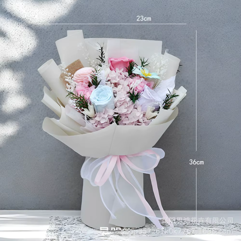 Coffret cadeau romantique en bouquet de roses et d'hortensia conservés – Fleurs éternelles durables faites à la main