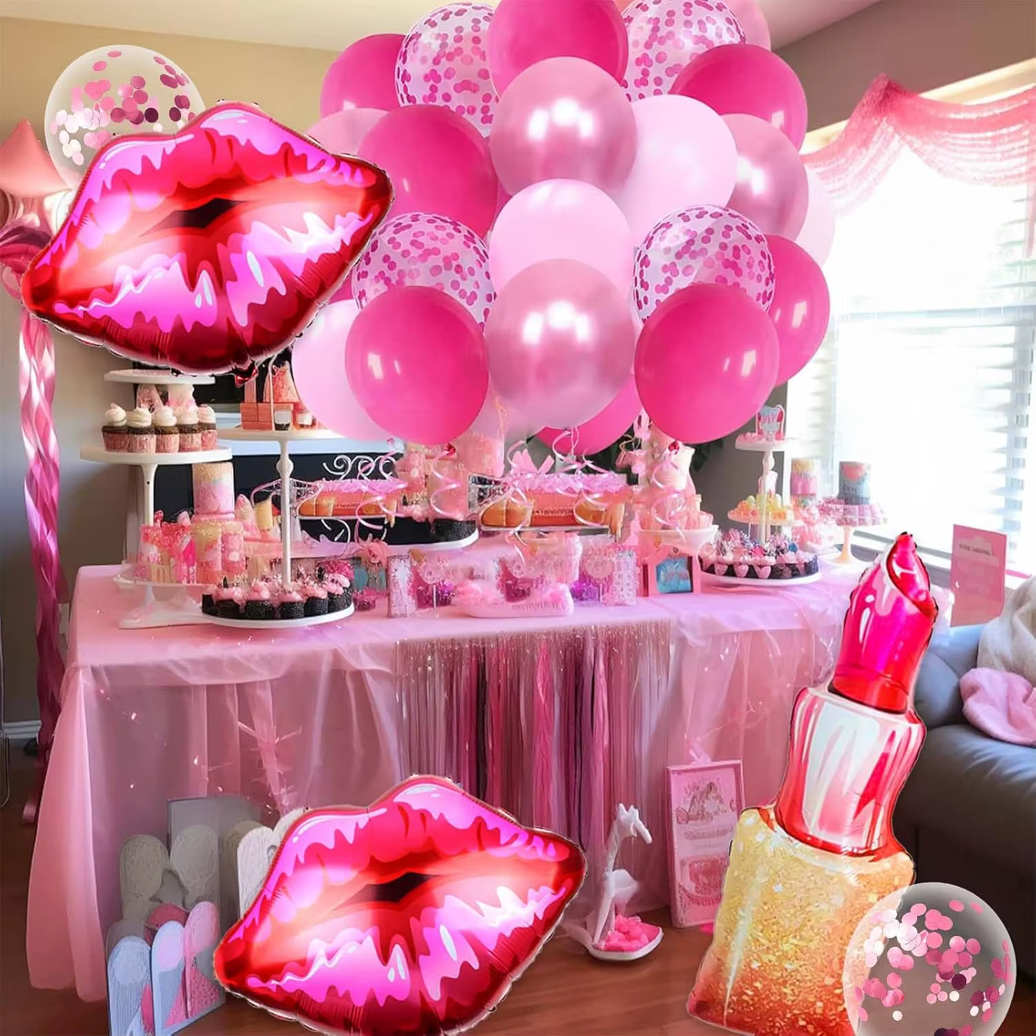 Décorations d’anniversaire roses, décorations d’anniversaire roses, avec ballons à rouge à lèvres et brillant à lèvres, ballons de maquillage pour fêtes de filles
