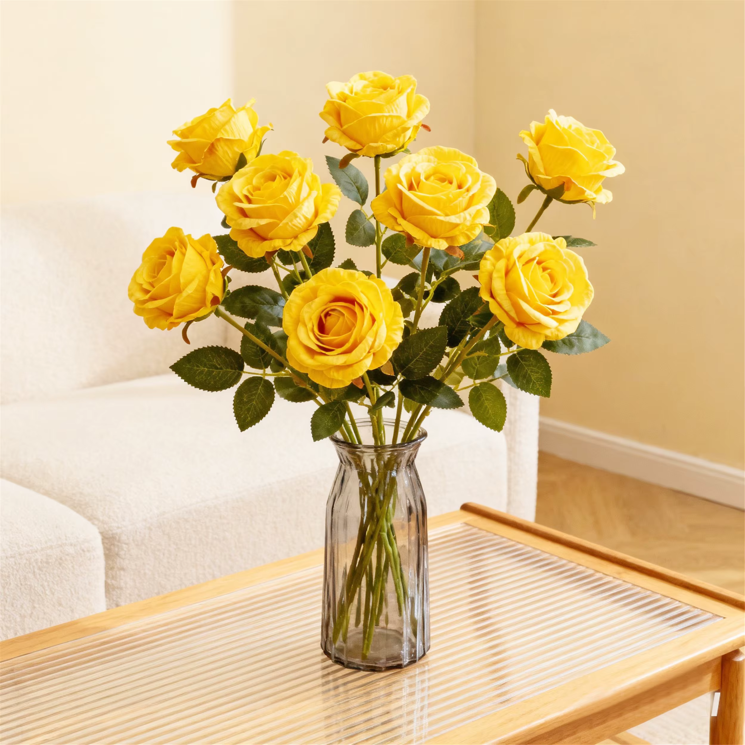 Rose artificielle jaune en soie à longue tige pour la décoration de la maison