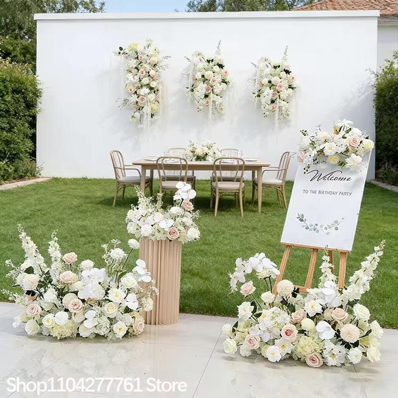 Arrangement floral blanc Rose hortensia plancher artificiel rangée de fleurs toile de fond de mariage souffle de bébé événement fête guide routier affichage