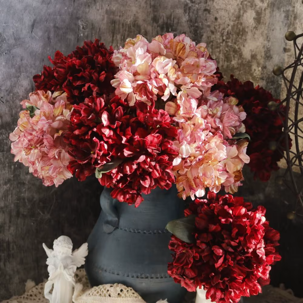 Superbes Fleurs Artificielles en Soie Hortensia à Bords Brûlés – 10 Couleurs – Décoration DIY – Bouquet d'Hortensias – Fournitures pour Festivals