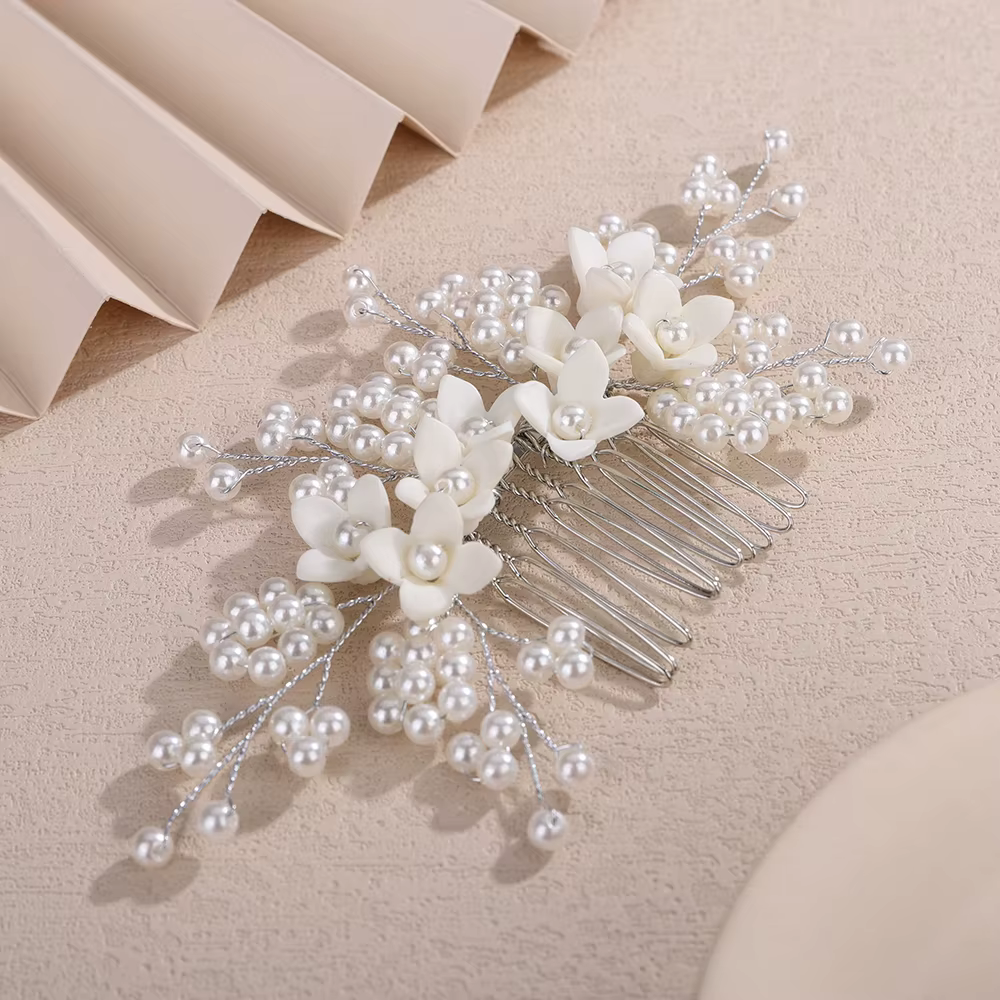 Peigne à cheveux fleur perlée pour femme, fait à la main, argent, accessoires de cheveux de mariage, pièce de sauna bidal floral doré, bijoux de fête de mariée