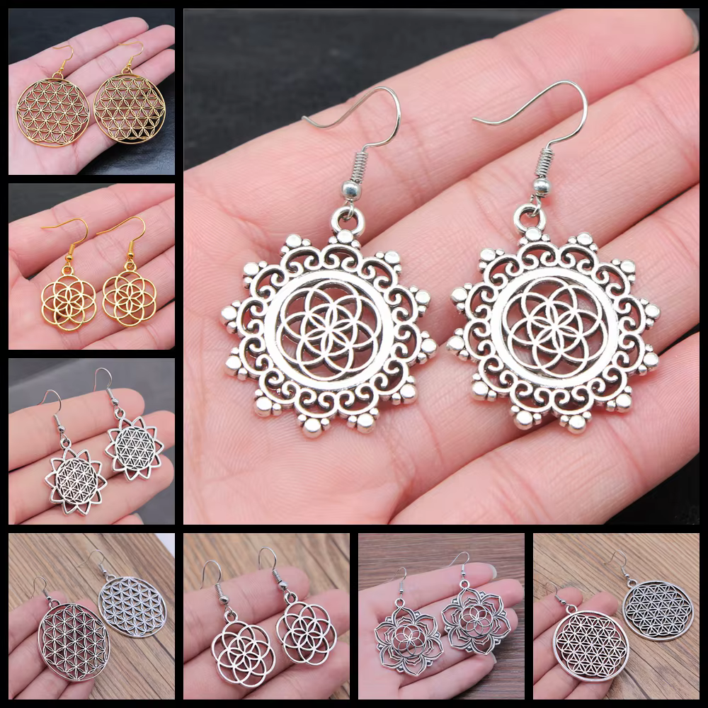 Boucles d'oreilles rondes sculptées à la main pour femmes, bijoux de déclaration uniques, vente en gros, fleur de vie, vente en gros