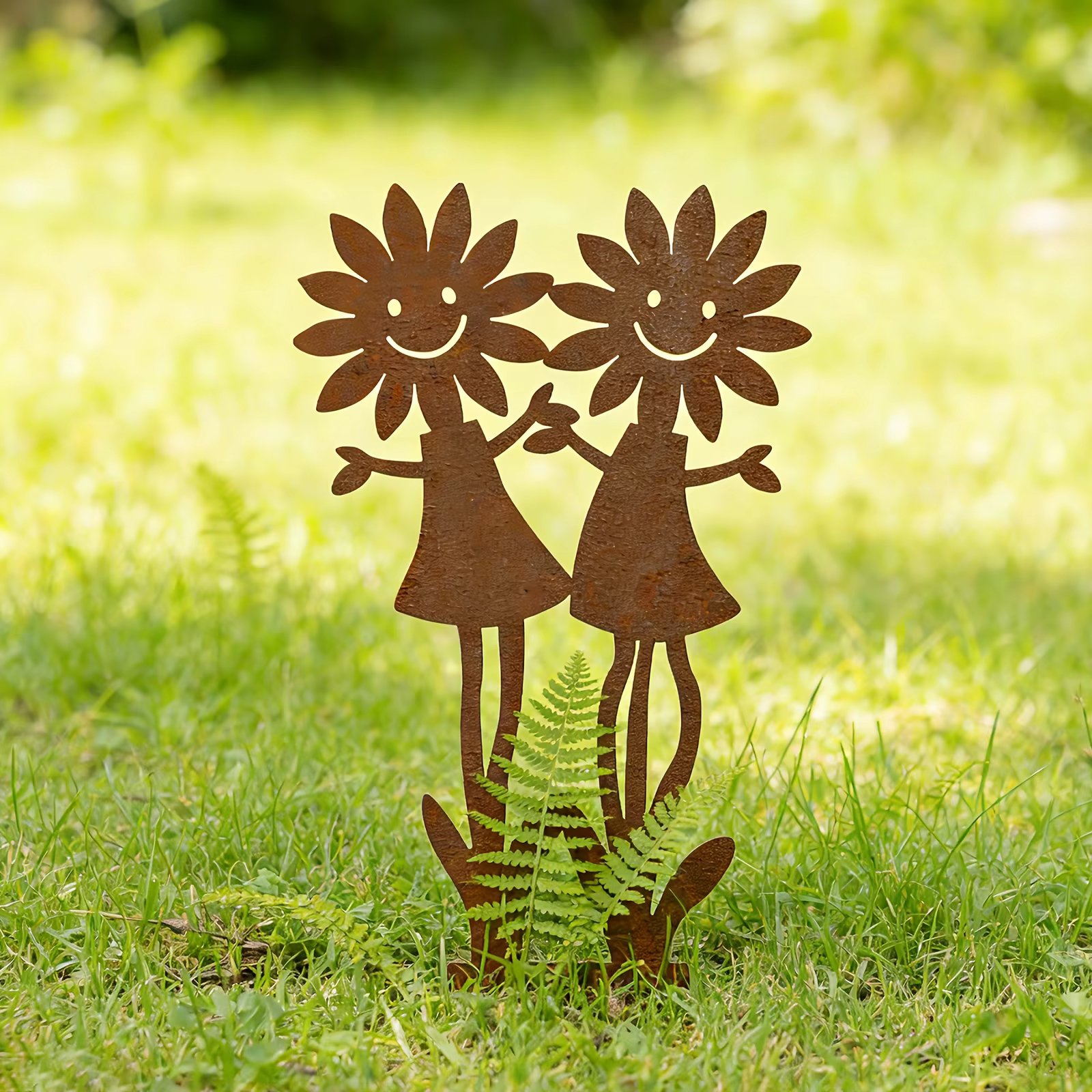 Support double pour fleurs en forme de tournesol vintage rouillé avec visage souriant - Statue décorative amusante pour