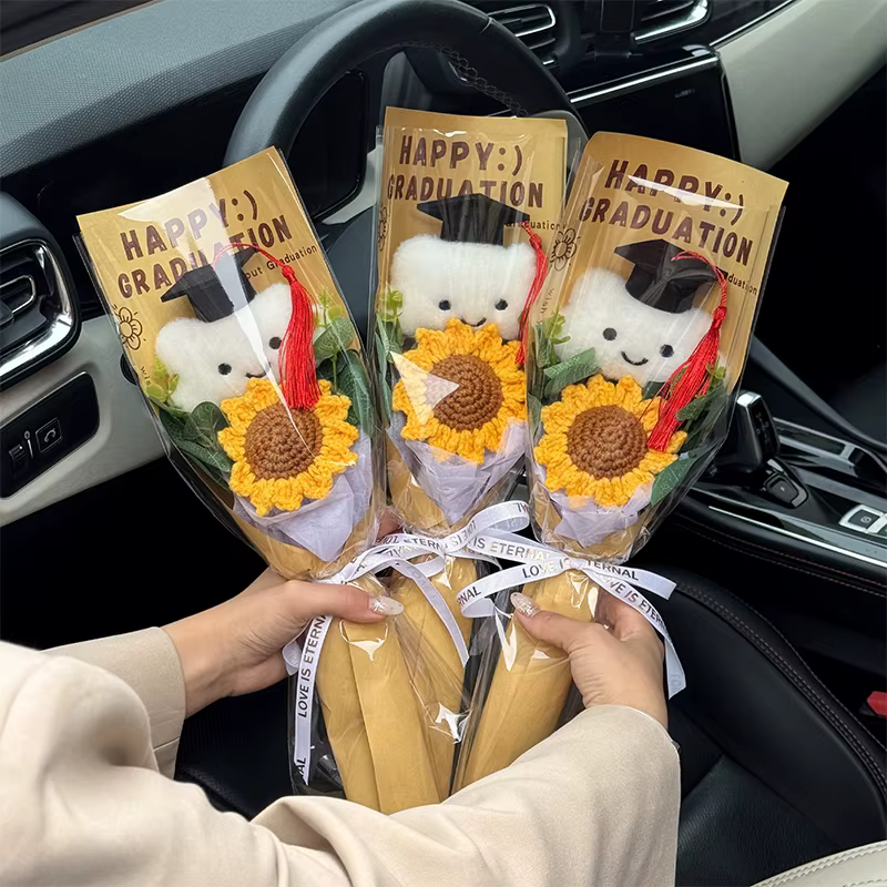 Bouquet de tournesols au crochet fait main – Cadeau amusant pour la remise des diplômes du lycée