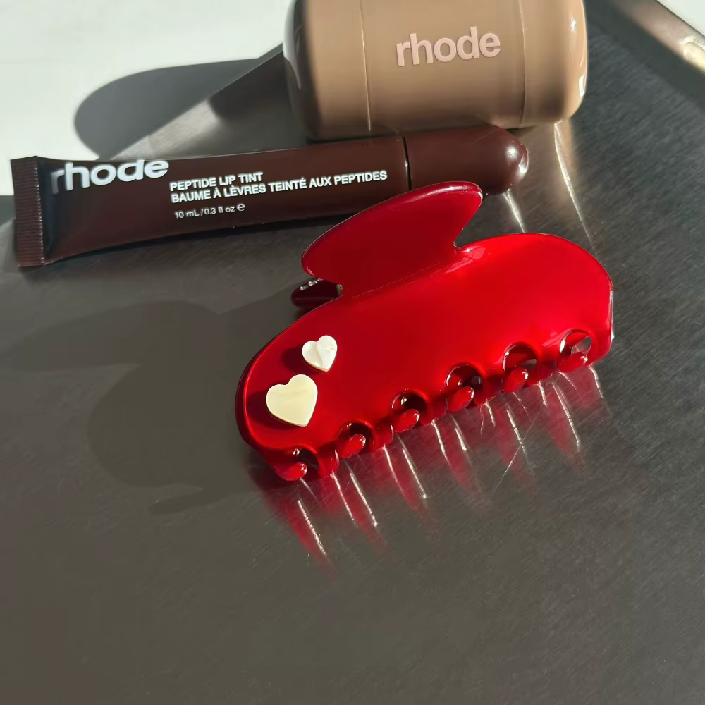 Pince à Cheveux Rouge Élégante en Acétate Motif Cœur et Fleur, Taille Moyenne, pour Femme, Accessoire de Mode, Nouveauté 2026