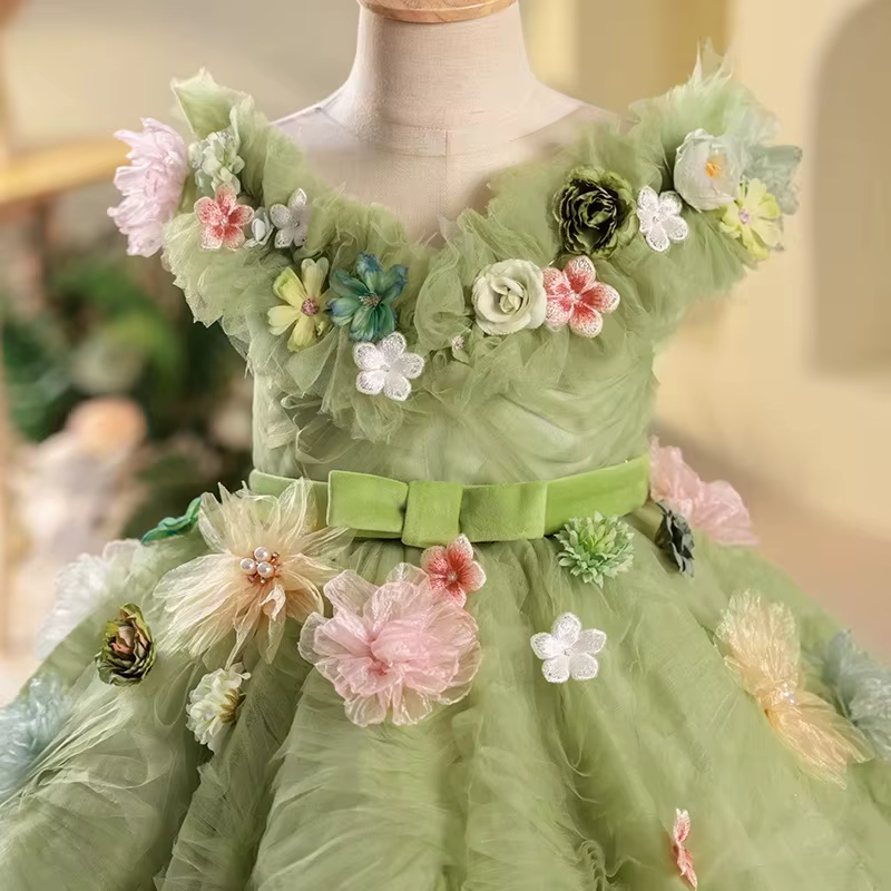 Robe de princesse à fleurs vertes pour enfants, robes d'été élégantes pour fête d'anniversaire, Costumes à fleurs pour filles, robe formelle pour enfants