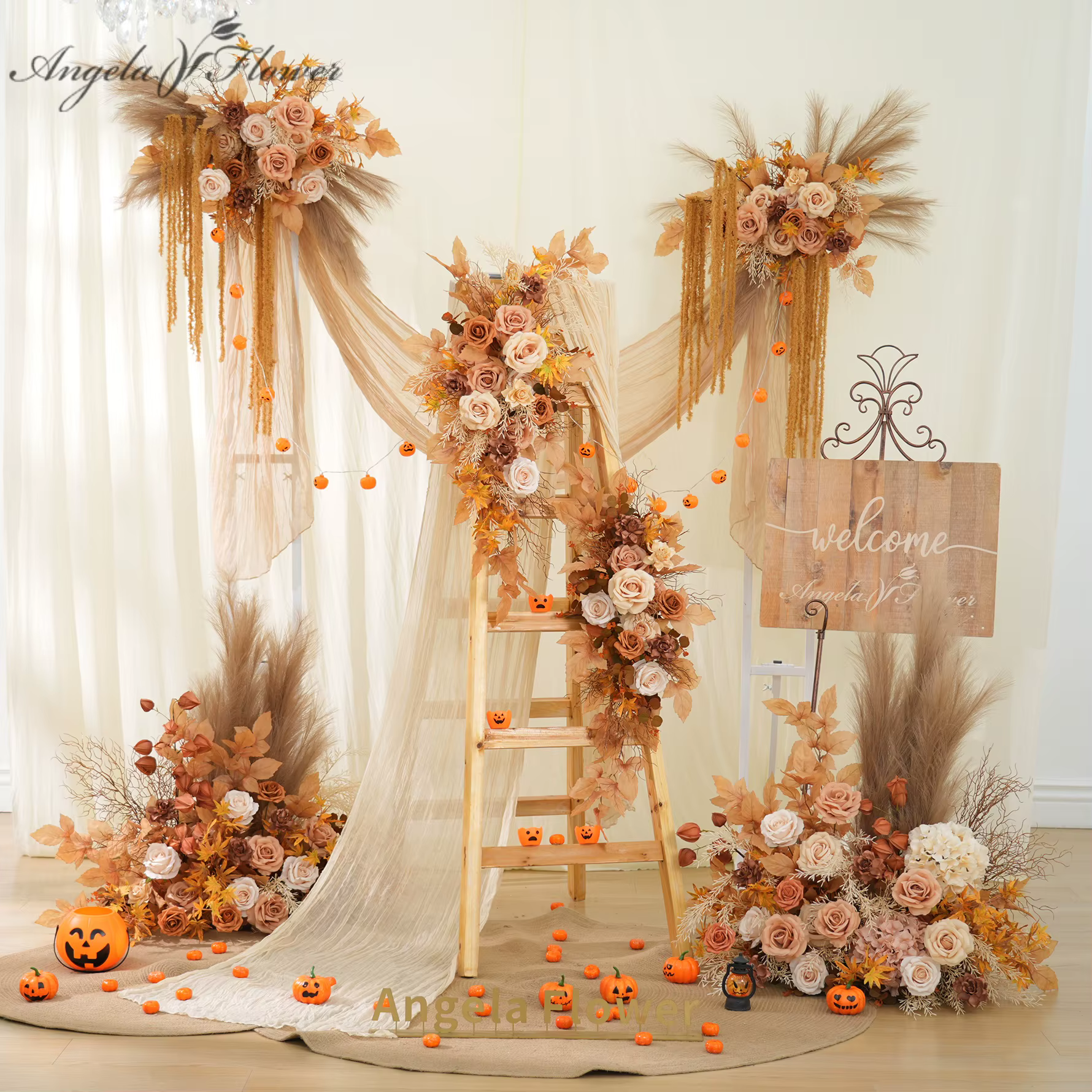 Angela Flower A9041 Composition florale suspendue en herbe de la pampa et roses d'automne pour décoration de mariage