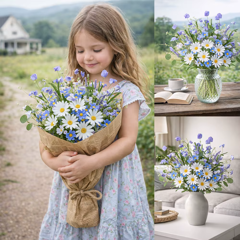 Fleurs artificielles de printemps rustiques bleues et blanches en soie
