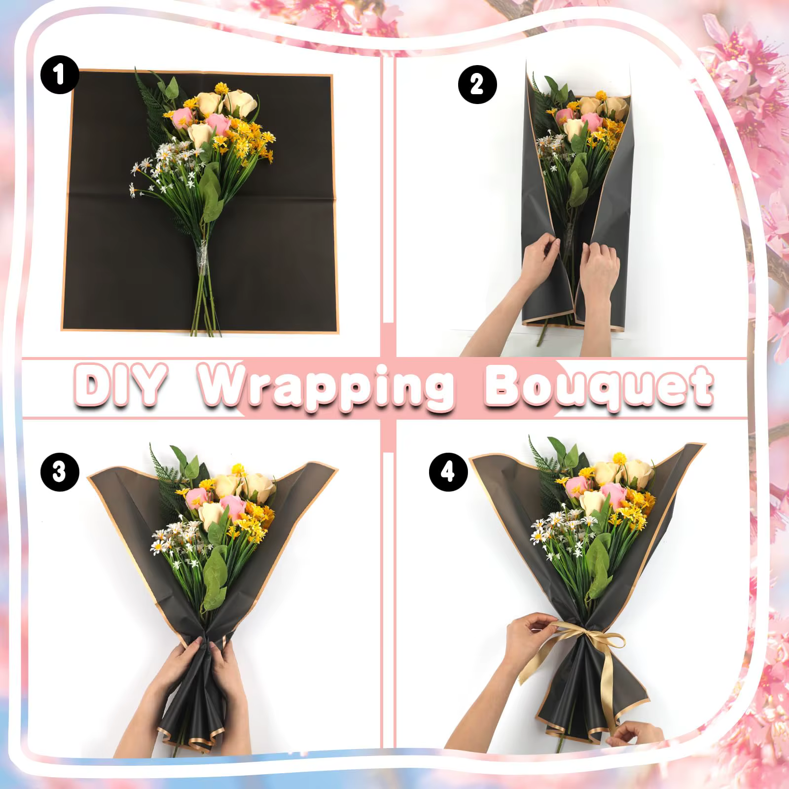 20 feuilles de papier d'emballage de fleurs roses avec bords dorés