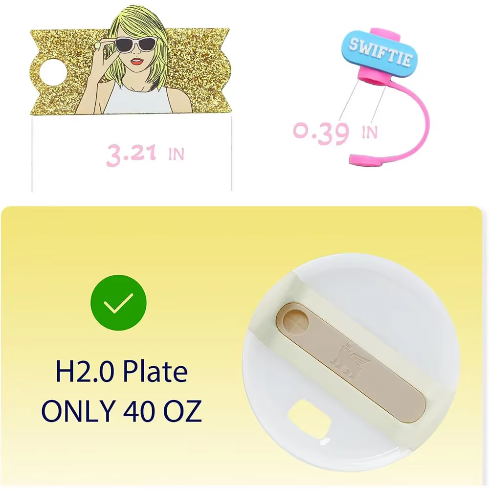 Ensemble d'accessoires, 2 plaques signalétiques pour Stanley 40 oz + 4 pièces 10 mm pour couvertures de paille Stanley, décorations de gobelet de chanteur populaires