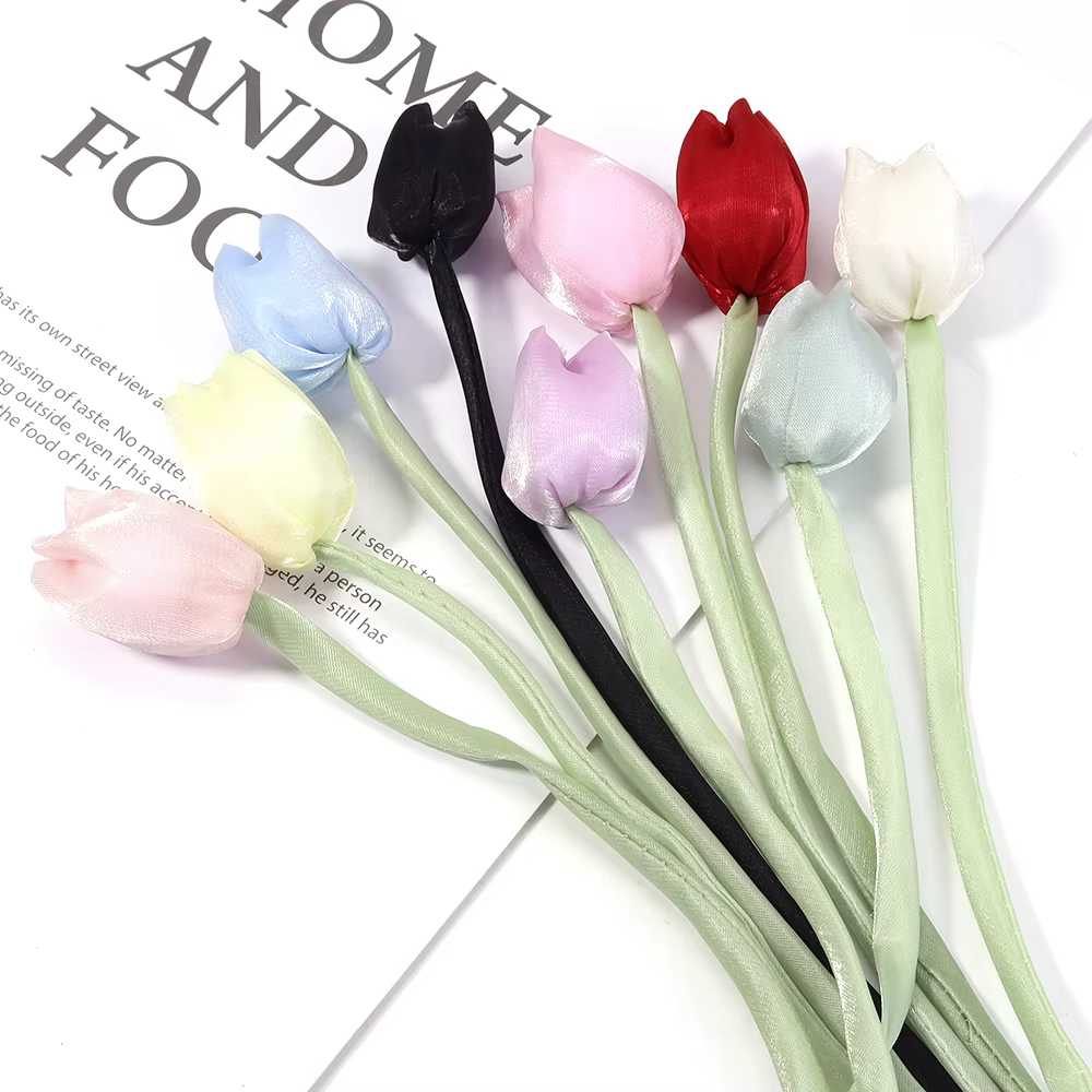 Lot de 5 fleurs décoratives 3D en forme de tulipe avec nœud