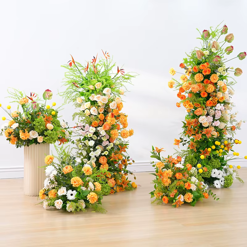 Orange Lily Rose vert plantes mariage toile de fond arc cadre décor fleur rangée allée sol Floral fenêtre affichage scène accessoires H8875