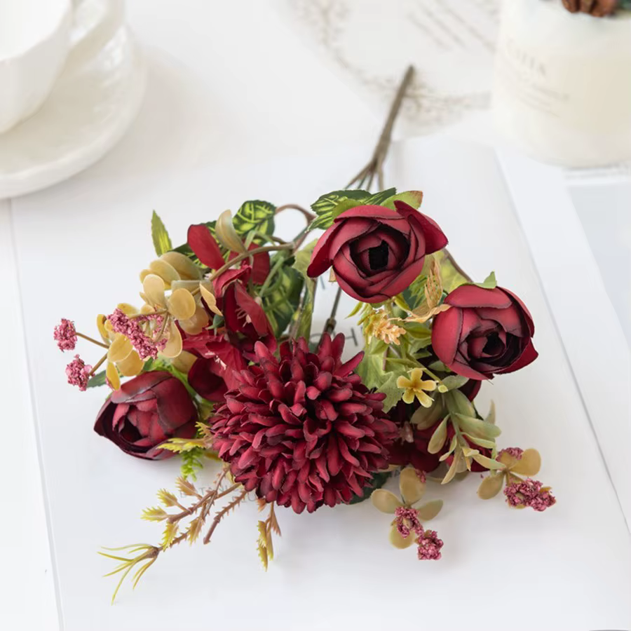 Fleurs artificielles Thé Rose Bourgeons Bouquet Bricolage Boîte Vase Chambre Décor À La Maison Festival Fête Guirlande Mariage Soie Hortensia Faux Fleurs