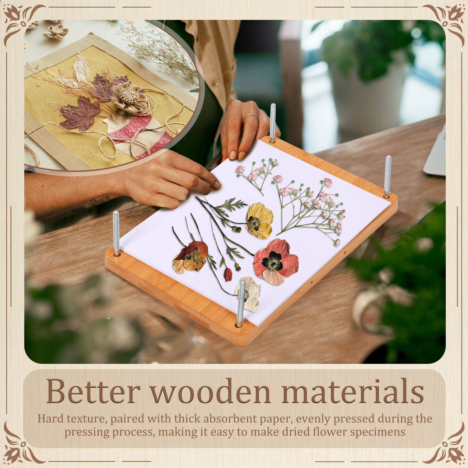 Kit de presse à fleurs grand format 11 x 7 pouces, kit de pressage de fleurs en bois DIY avec accessoires pour spécimens de plantes séchées, mariage, art DIY
