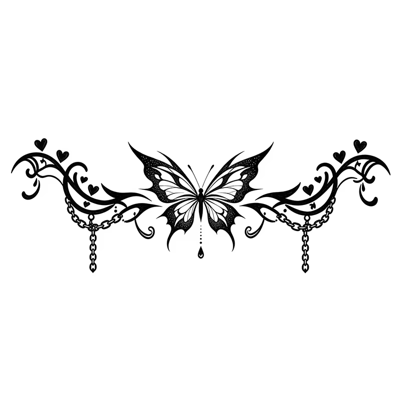 Autocollants de tatouage temporaires en forme de cœur et de papillon, à base de plantes, longue durée, imperméables, élégants, sexy, pour femmes, ventre, poitrine