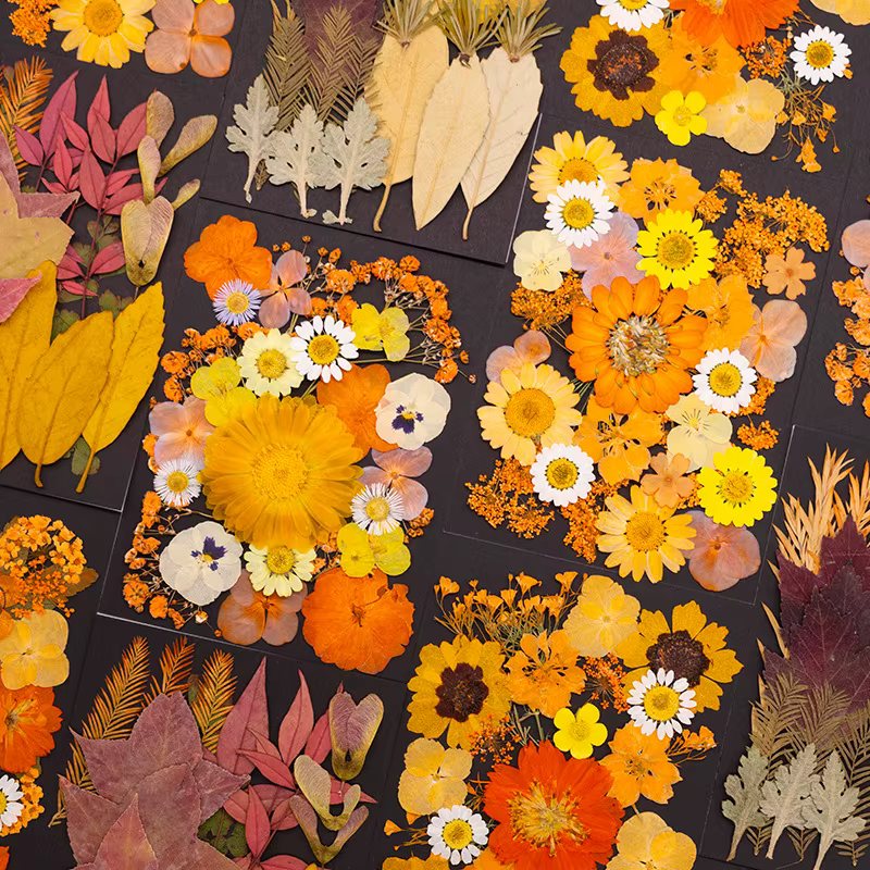 Série Orange fleurs pressées séchées mélangées pour bricolage