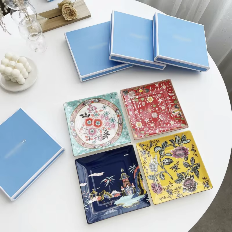 Ensemble de plats en céramique à fleurs vintage, plat carré de 14,5 cm en porcelaine osseuse, plat à gâteau, plat à dim sum, vaisselle pour le thé de l'après-midi, décoration de table à manger à la ma