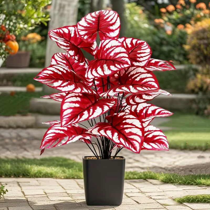 1 pièce de plante artificielle à feuilles rouges et rayures blanches pour extérieur et intérieur