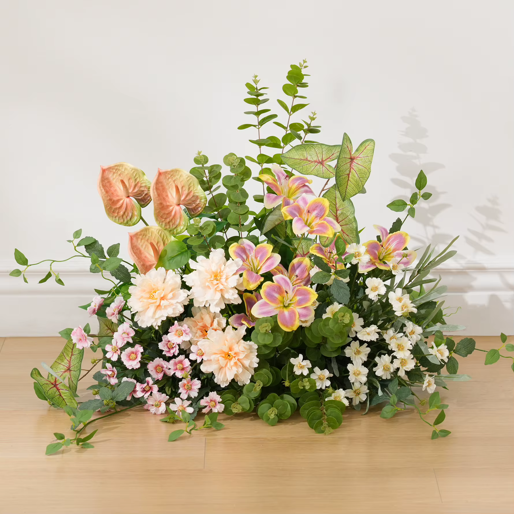 Angela fleur A9028 verdure tropicale Lily Arrangement Floral toile de fond de mariage corne arc décor événement scène sol fournitures de fleurs