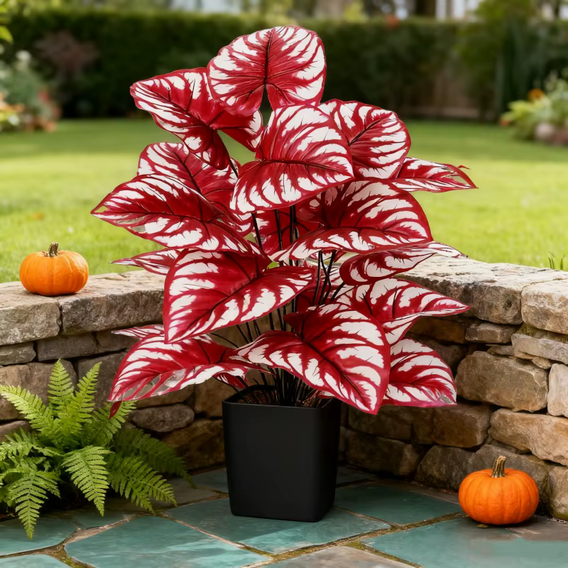 1 pièce de plante artificielle à feuilles rouges et rayures blanches pour extérieur et intérieur