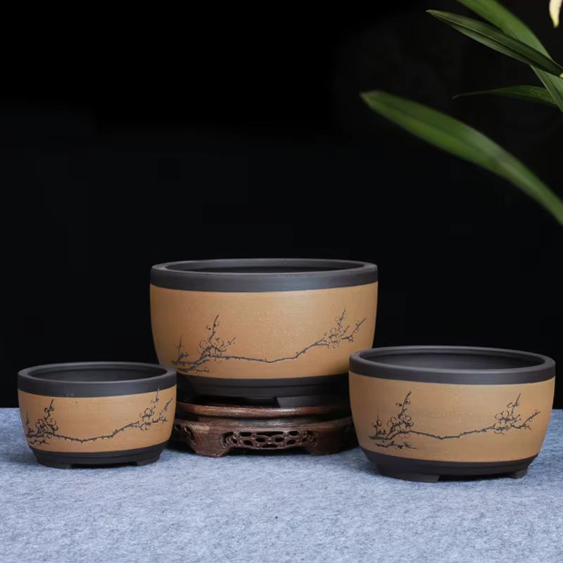 Pot de fleurs de bonsaï rond en céramique