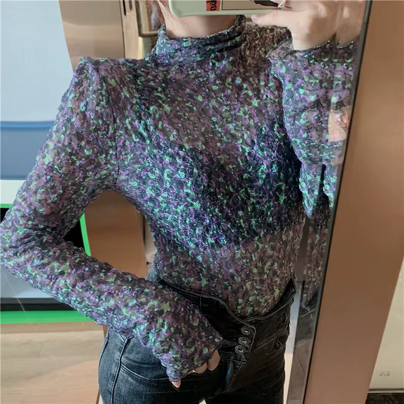 Haut polyvalent à motif floral pour femme, col roulé ajusté à manches longues, idéal pour l'automne et l'hiver, avec nouveau T-shirt 2026