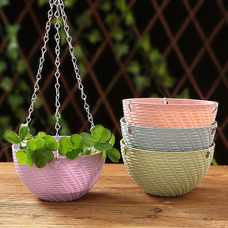 Jardinière suspendue tissée avec crochet en métal et plateau de drainage – Panier décoratif suspendu à chaîne pour plantes d'intérieur