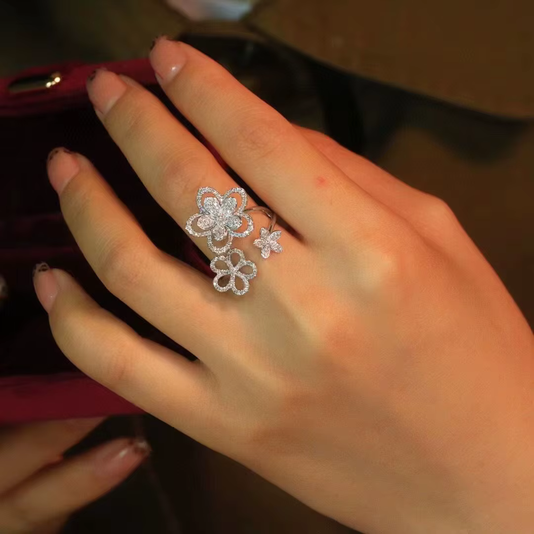 Bague ouverte en diamant français pour femme, super nickel é, timbre féminin, cadeau d'anniversaire, fête de mariage, mode, Zcomprend on Three Flower, 925