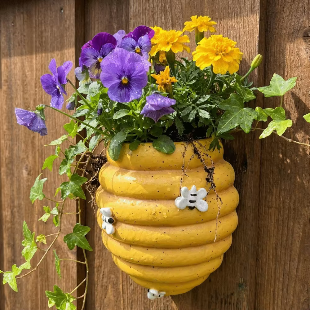 Pot de fleurs mural rustique en résine, motif abeille et nid d'abeille, style dessin animé, pour cour