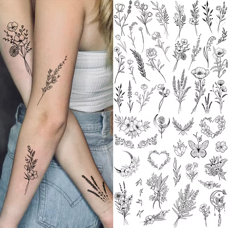 Autocollant de faux tatouage noir à grande fleur pour femmes