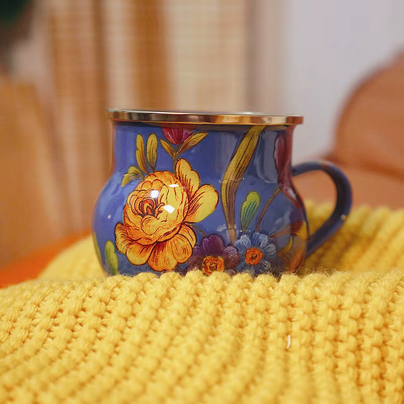 Tasse à eau en émail français rétro, tasse à fleurs en émail, tasse à café peinte, tasse à thé, Vase de 550ML, décoration de la maison, cadeau artisanal