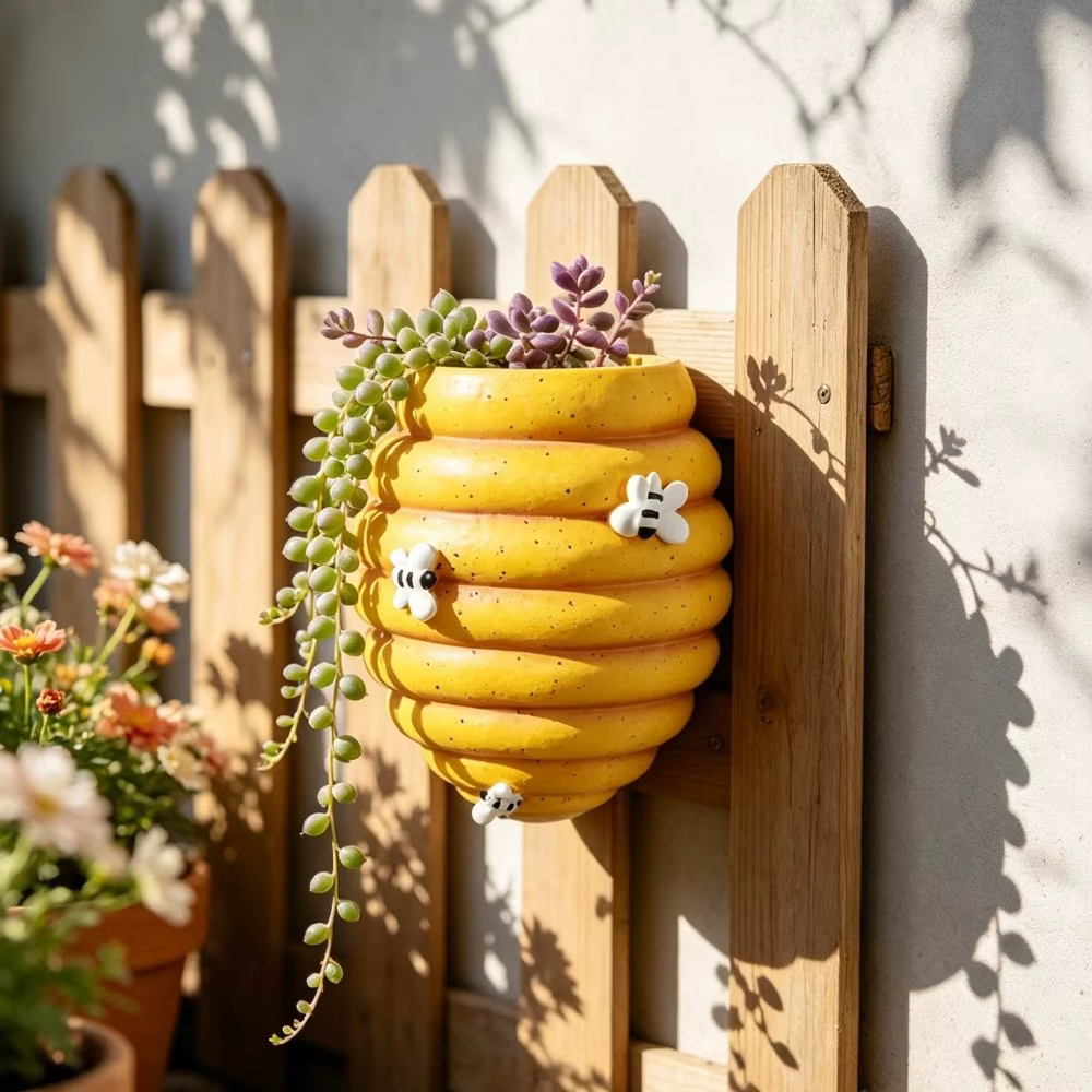 Pot de fleurs mural rustique en résine, motif abeille unique, nid d'abeille, style dessin animé, pour bureau