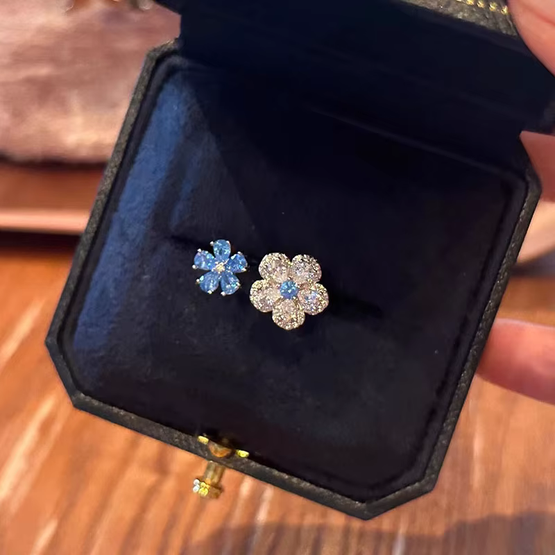 Bague en diamant bleu scintillant pour femmes, Double fleur, à la mode, deux tons, bagues fraîches exquises, bijoux de fête, cadeau