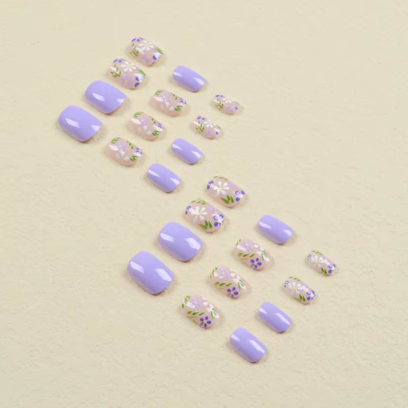 24 faux ongles à presser, motif feuilles vertes et fleurs blanches, courts, carrés ou ronds, en acrylique, à coller