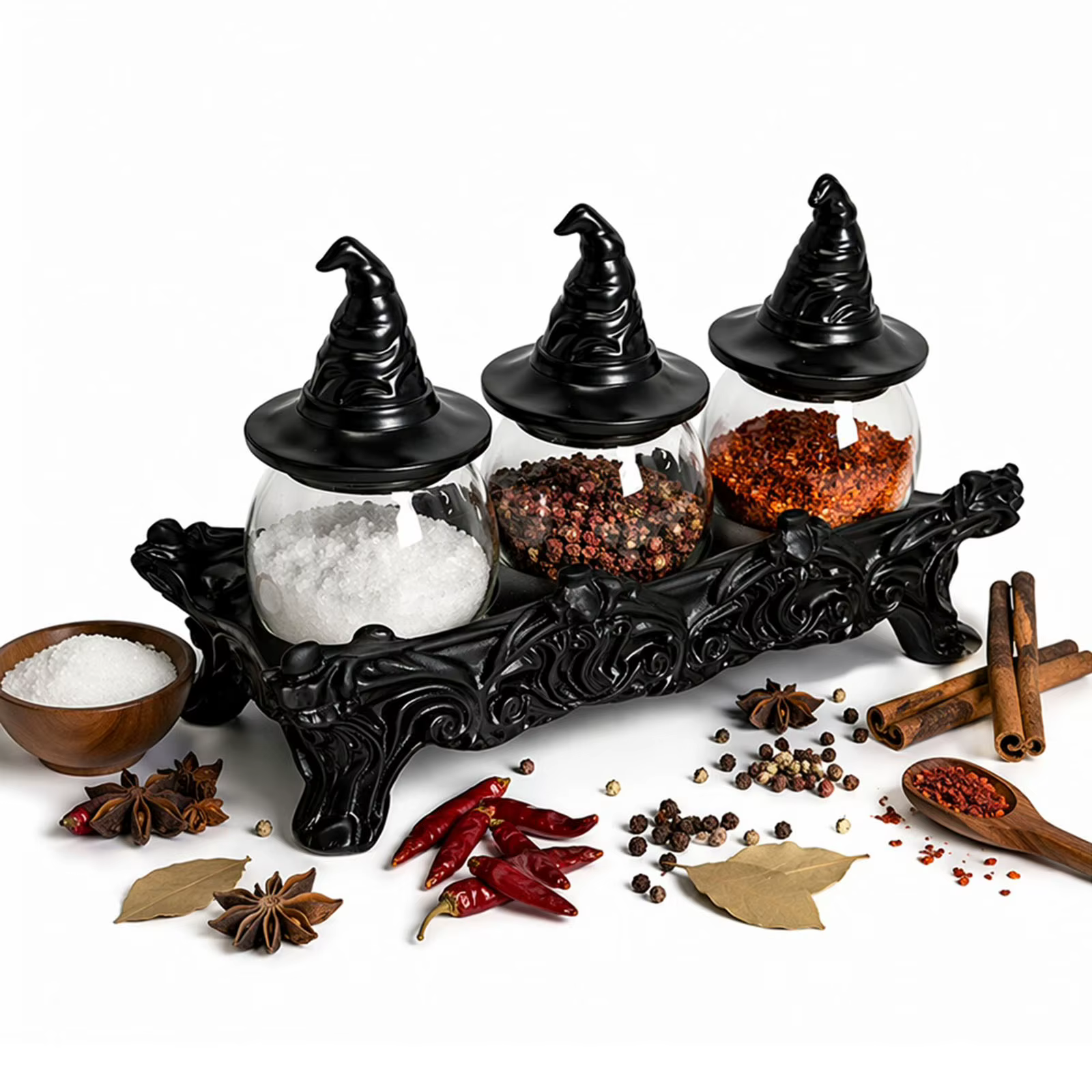 Bocaux à épices uniques avec couvercles en forme de chapeau de sorcière, décoration de cuisine Witchcore, ensemble de bocaux à épices d'apothicaire pour thé, café, noix ou sucre