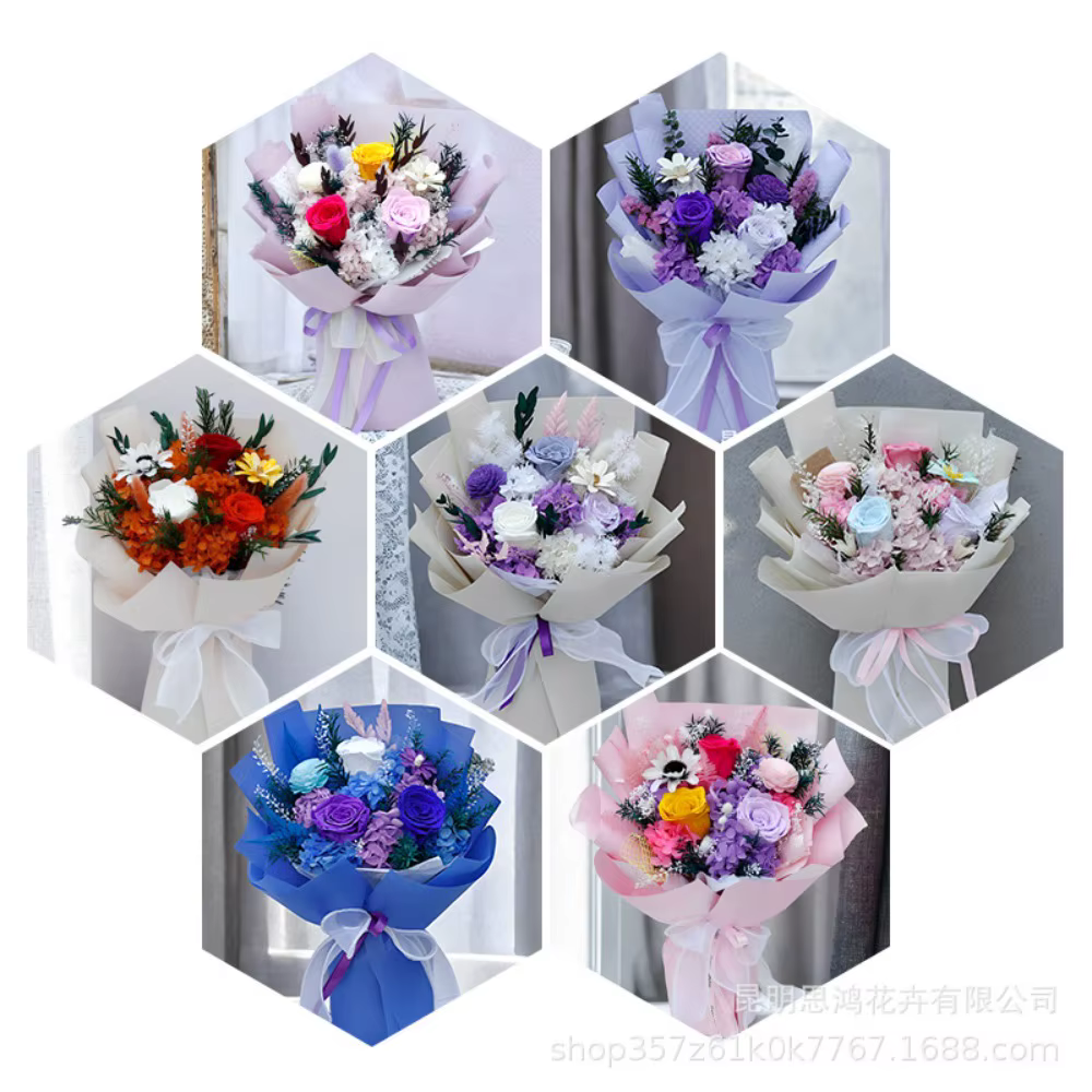 Coffret cadeau romantique en bouquet de roses et d'hortensia conservés – Fleurs éternelles durables faites à la main